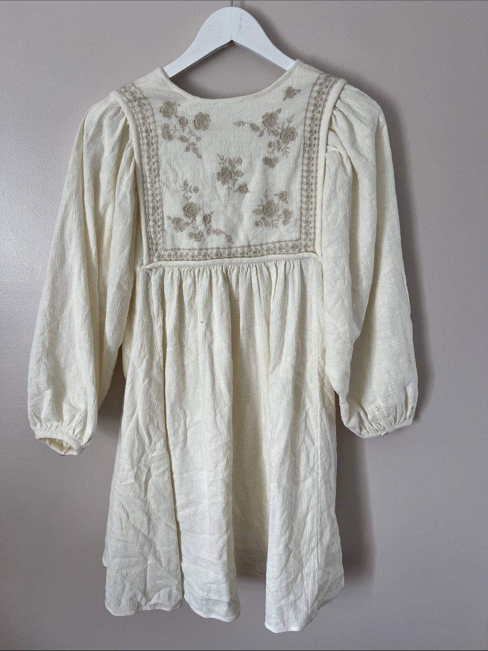 Boho Lace-Up Cream Embroidered Mini Dress - Picture 7 of 10